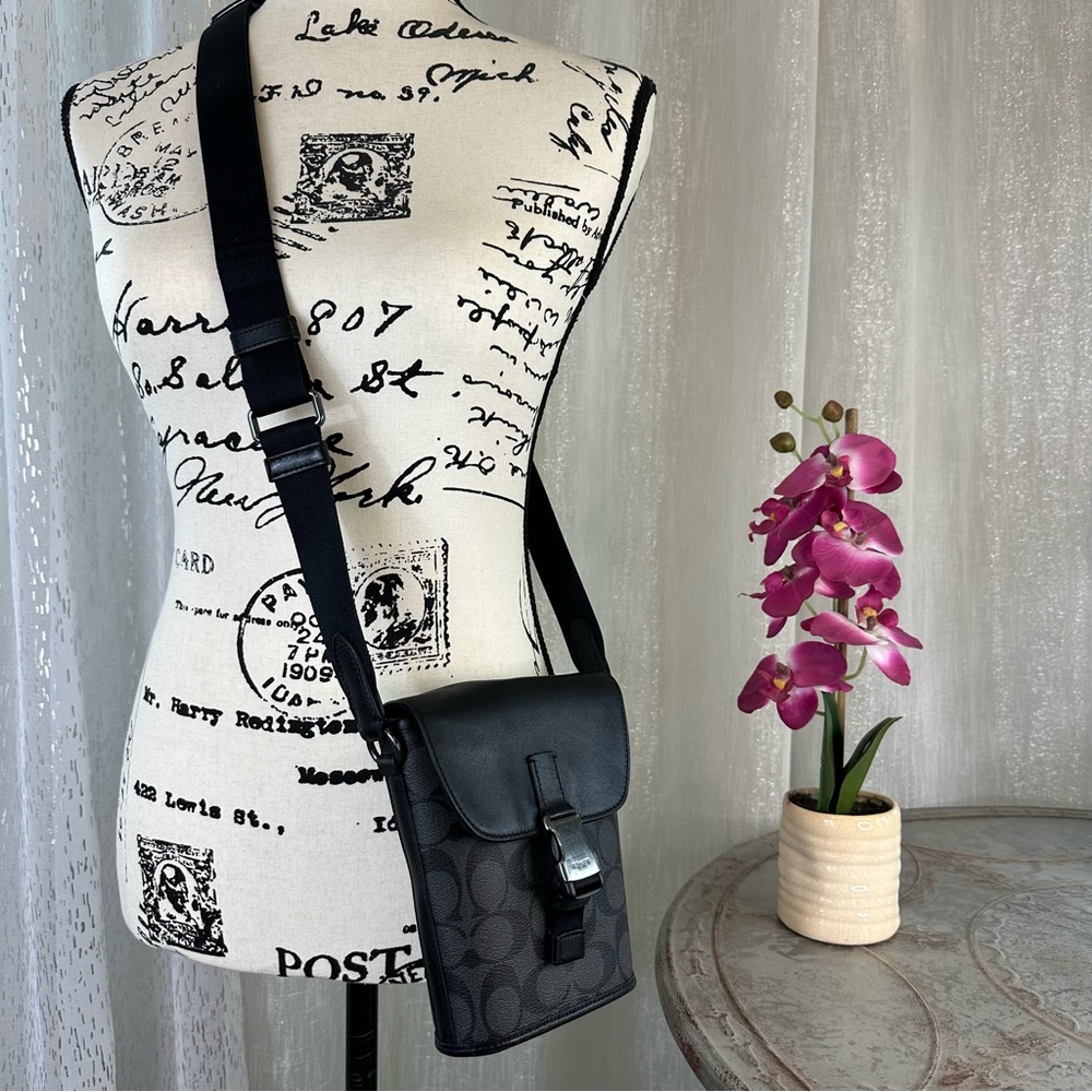 Coach Track Small Flap Crossbody In Signature Canvas C3134 Gunmetal/Charcoal